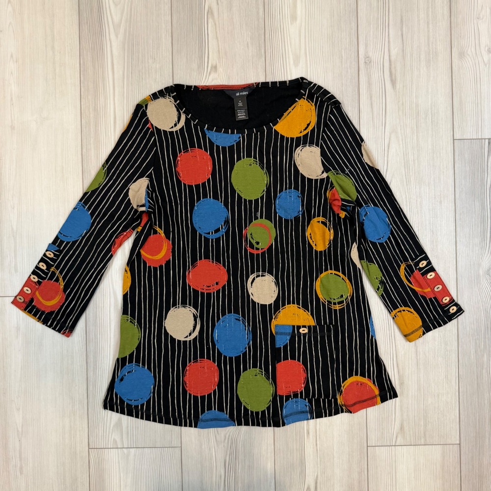 Ali Miles Womens Multicolor Polka Dot Pinstripe 3/4 Sleeve Cotton Knit Top M